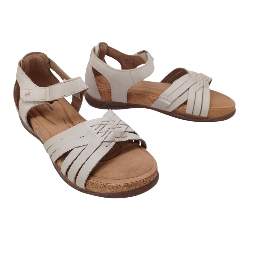 Clarks Collection Roseville Cove White Leather Strappy Wedge Sandals US‎ 8.5